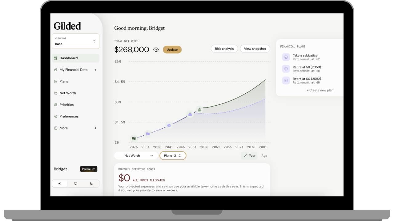 The Gilded dashboard showing a lifetime net worth projection with three financial plans