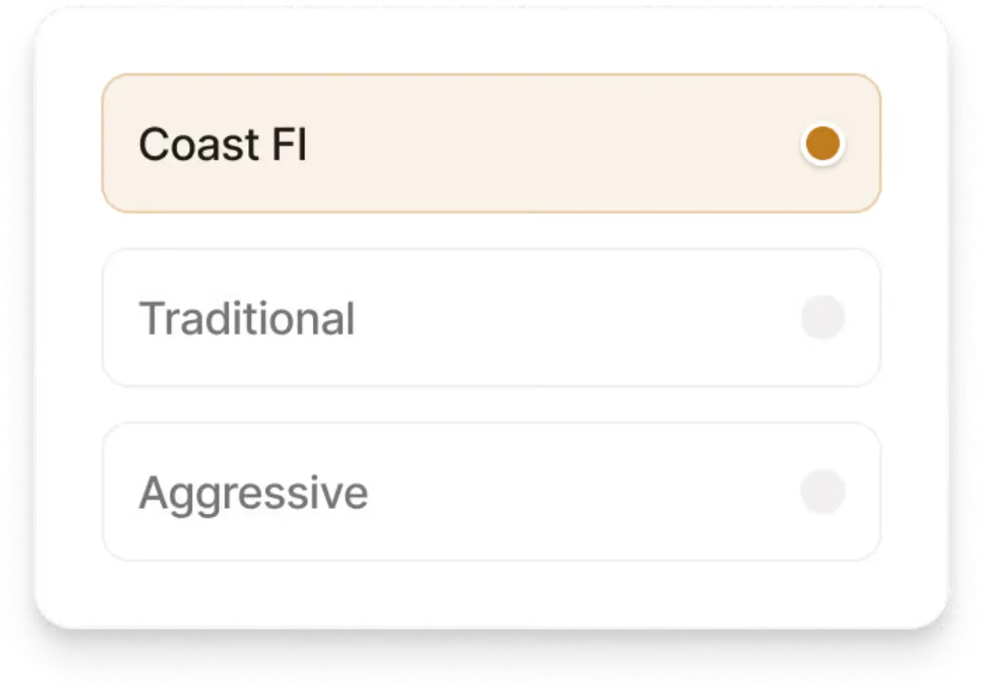 Coast FI selection interface